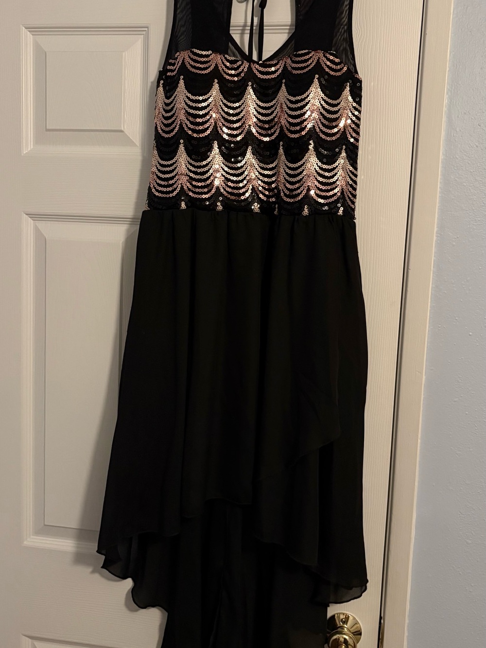 AUW Black Dress with Rose Silver Gold Sequin Bodice